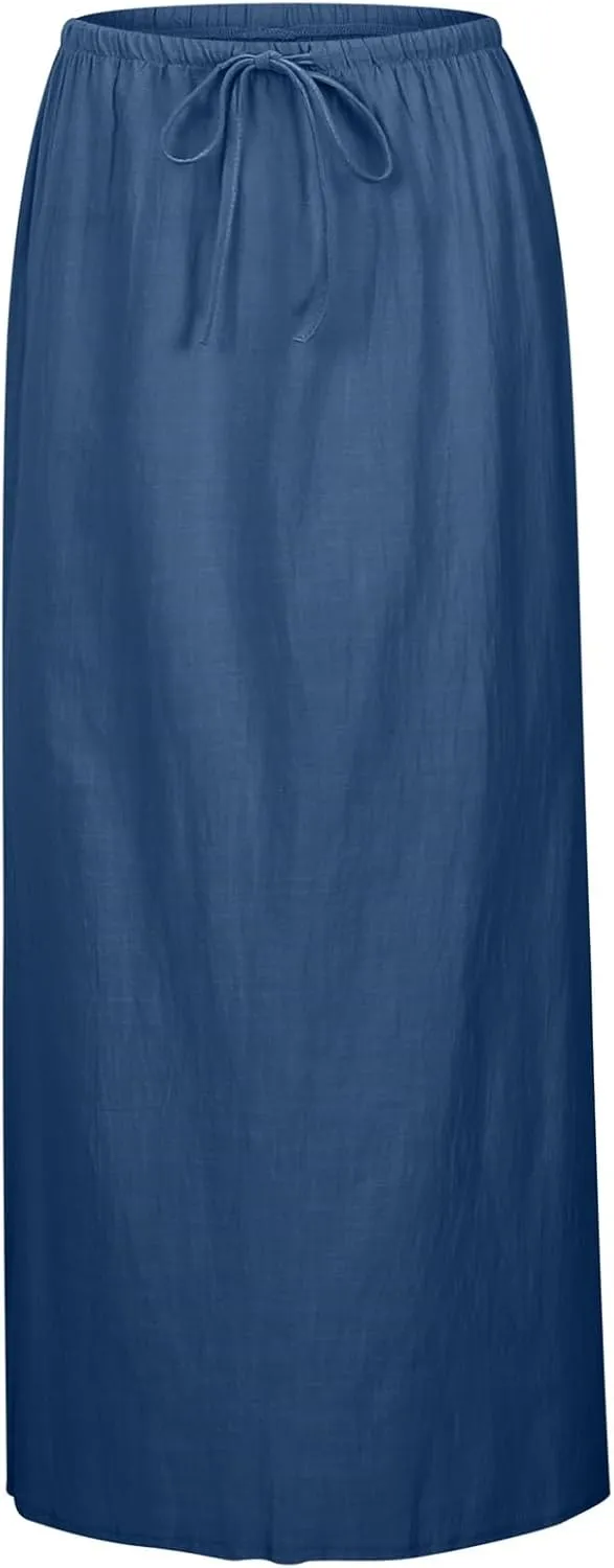 Linen Maxi Skirts for Women with Slit Summer Comfy Drawstring Waist A Line Skirts Vacation Boho Long Flowy Skirts