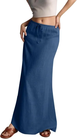 Linen Maxi Skirts for Women with Slit Summer Comfy Drawstring Waist A Line Skirts Vacation Boho Long Flowy Skirts