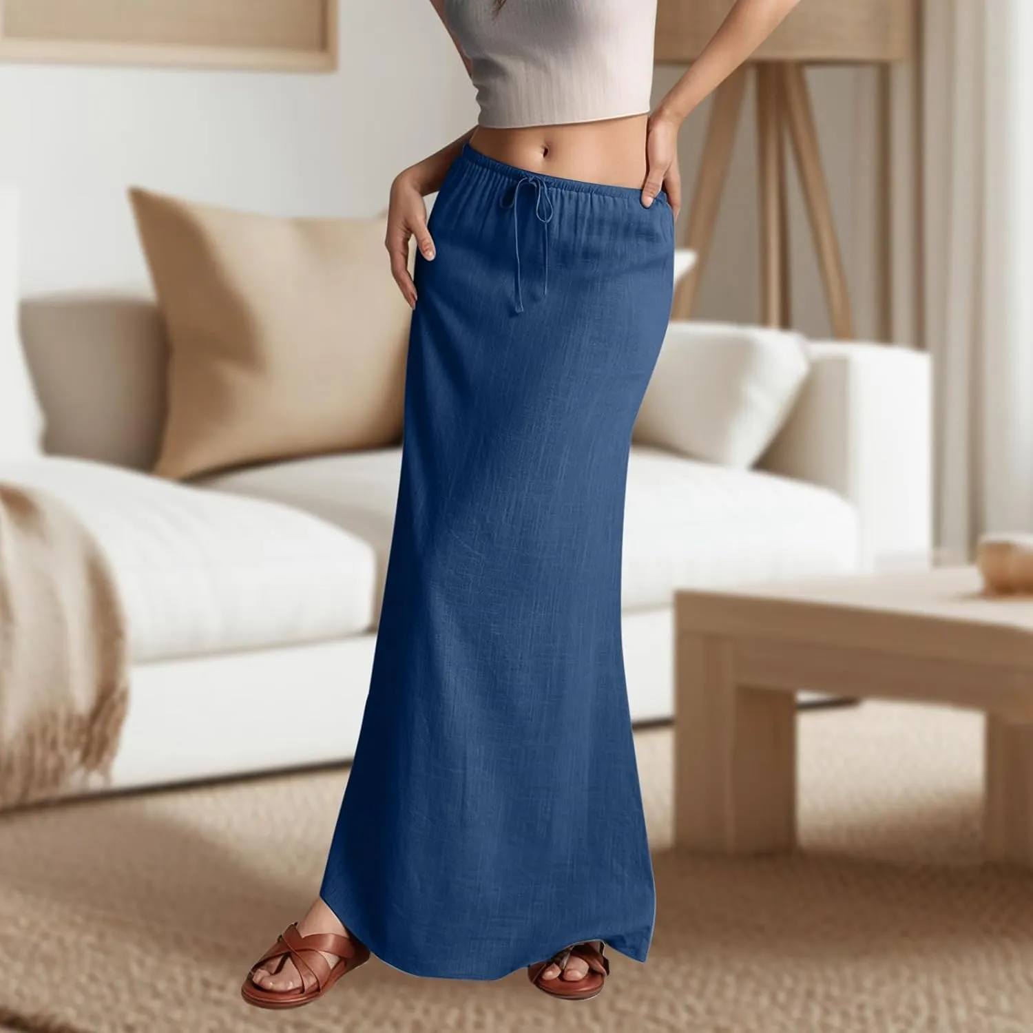 Linen Maxi Skirts for Women with Slit Summer Comfy Drawstring Waist A Line Skirts Vacation Boho Long Flowy Skirts