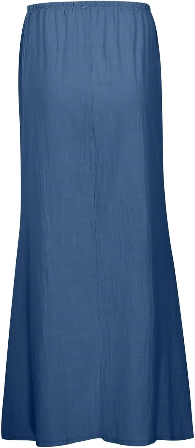 Linen Maxi Skirts for Women with Slit Summer Comfy Drawstring Waist A Line Skirts Vacation Boho Long Flowy Skirts