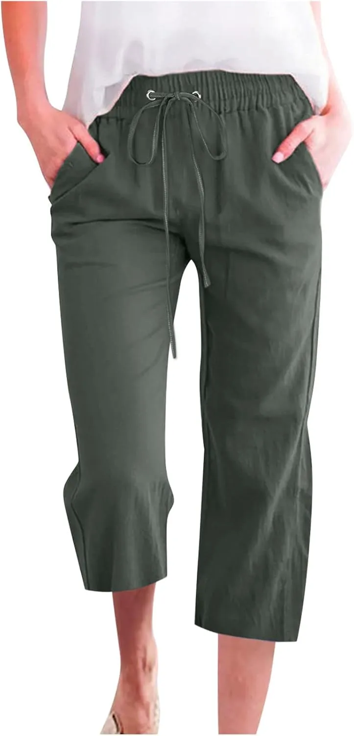 Linen Pants Women Casual Summer Straight Wide Leg Loose Capris Drawstring Elastic High Waist Pockets Cropped Trouser