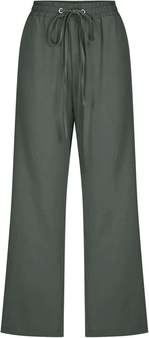 Linen Pants Women Casual Summer Straight Wide Leg Loose Capris Drawstring Elastic High Waist Pockets Cropped Trouser