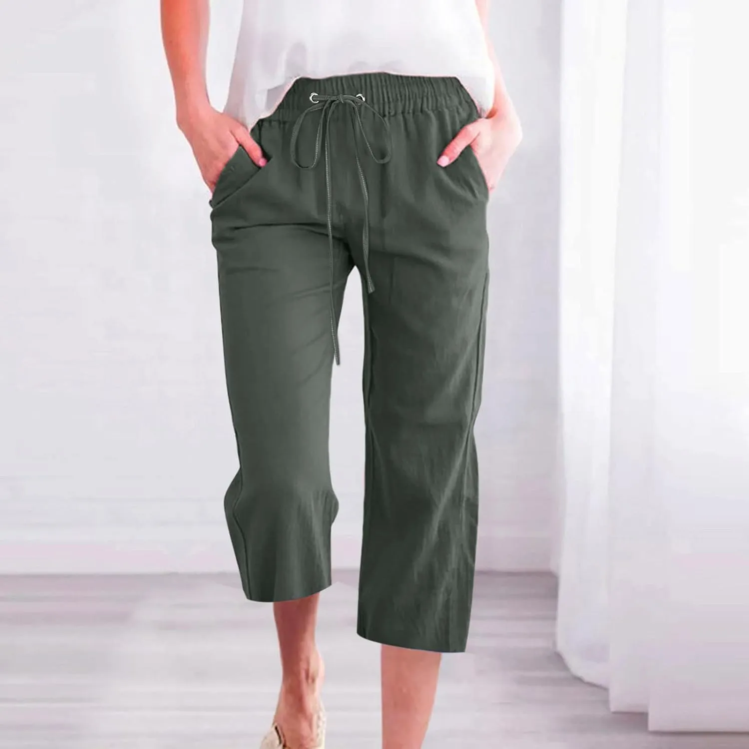 Linen Pants Women Casual Summer Straight Wide Leg Loose Capris Drawstring Elastic High Waist Pockets Cropped Trouser