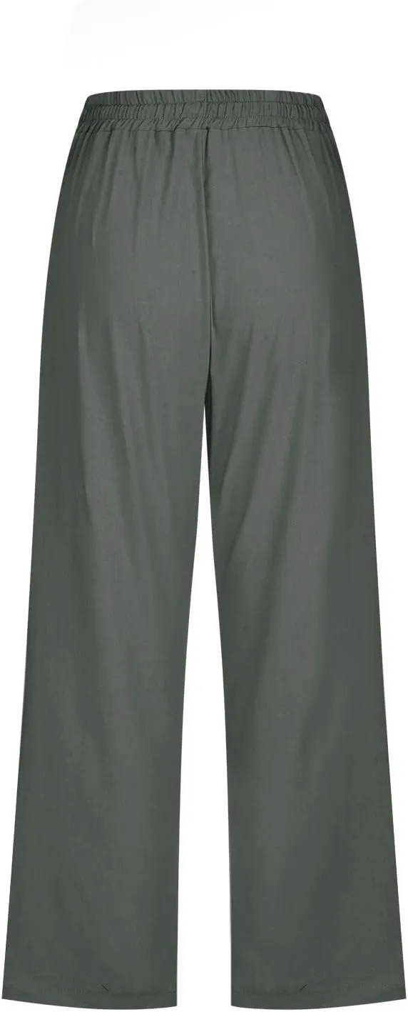 Linen Pants Women Casual Summer Straight Wide Leg Loose Capris Drawstring Elastic High Waist Pockets Cropped Trouser