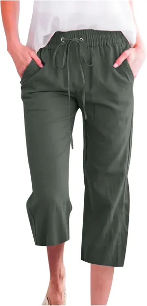 Linen Pants Women Casual Summer Straight Wide Leg Loose Capris Drawstring Elastic High Waist Pockets Cropped Trouser