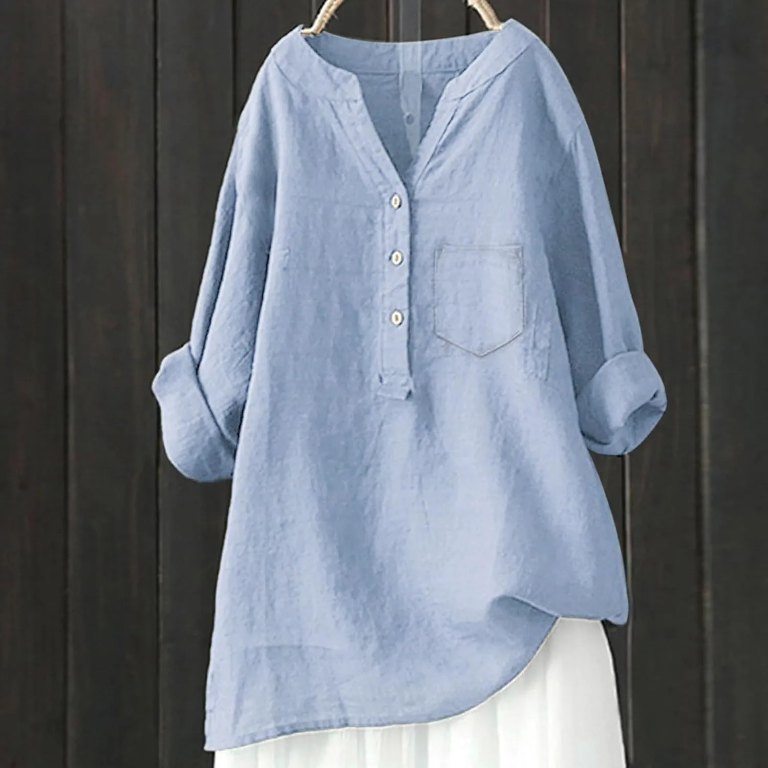 Linen Shirts for Women Summer Linen Button Long Sleeve T Shirts Casual Oversized Lightweight V-Neck Tee Shirts