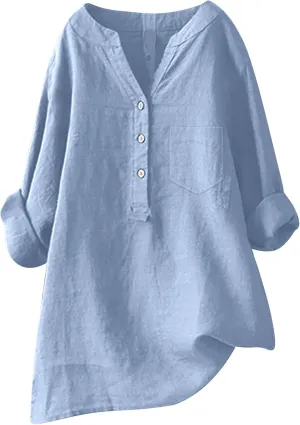 Linen Shirts for Women Summer Linen Button Long Sleeve T Shirts Casual Oversized Lightweight V-Neck Tee Shirts