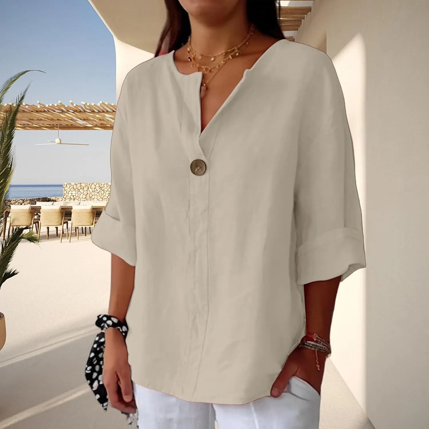Linen Shirts for Women Summer V Neck 3/4 Length Sleeve Tops Dressy Casual Loose Blouses Vacation Beach Tunic