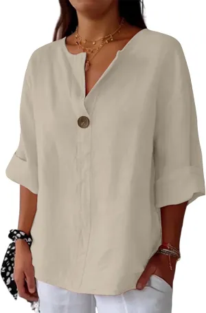 Linen Shirts for Women Summer V Neck 3/4 Length Sleeve Tops Dressy Casual Loose Blouses Vacation Beach Tunic