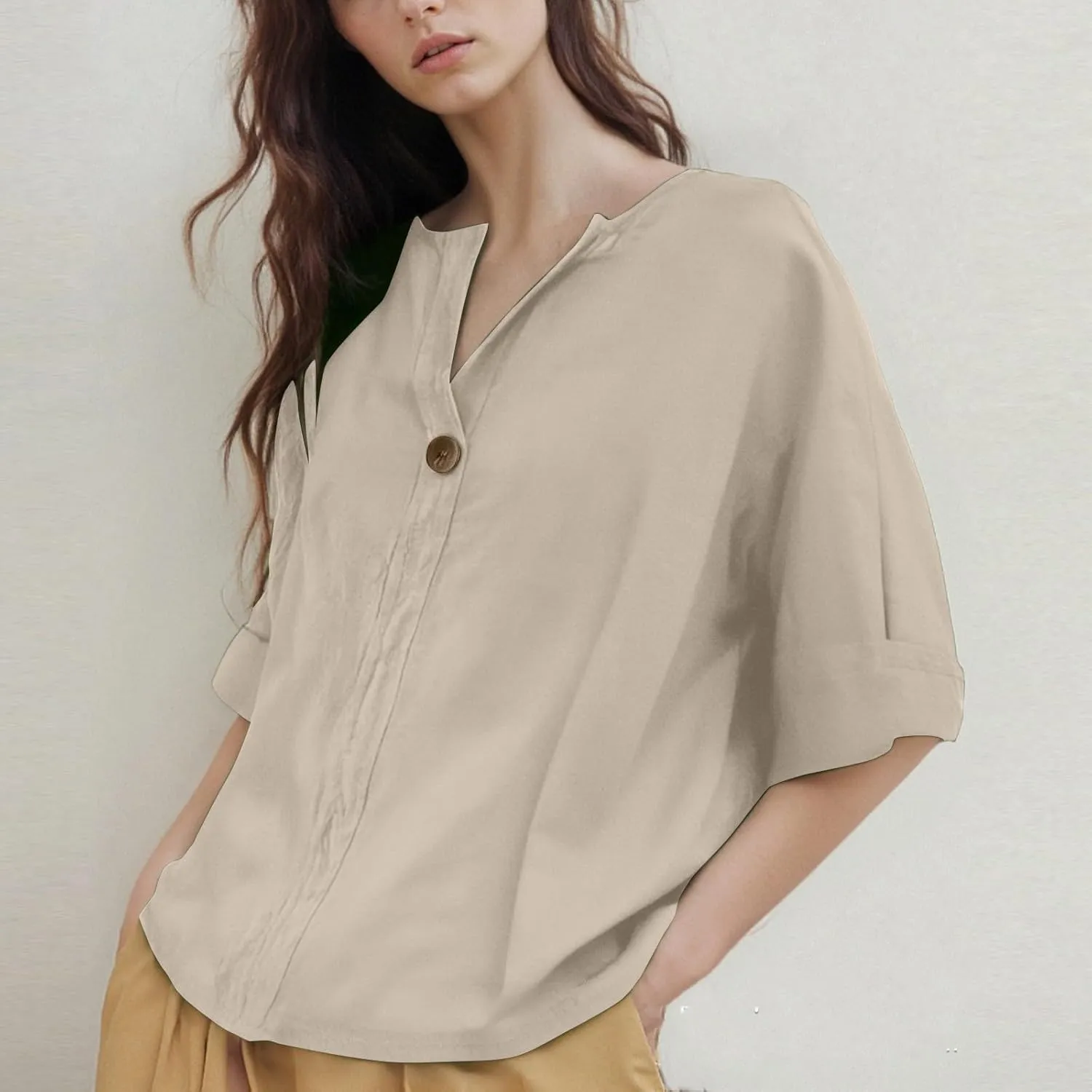 Linen Shirts for Women Summer V Neck 3/4 Length Sleeve Tops Dressy Casual Loose Blouses Vacation Beach Tunic