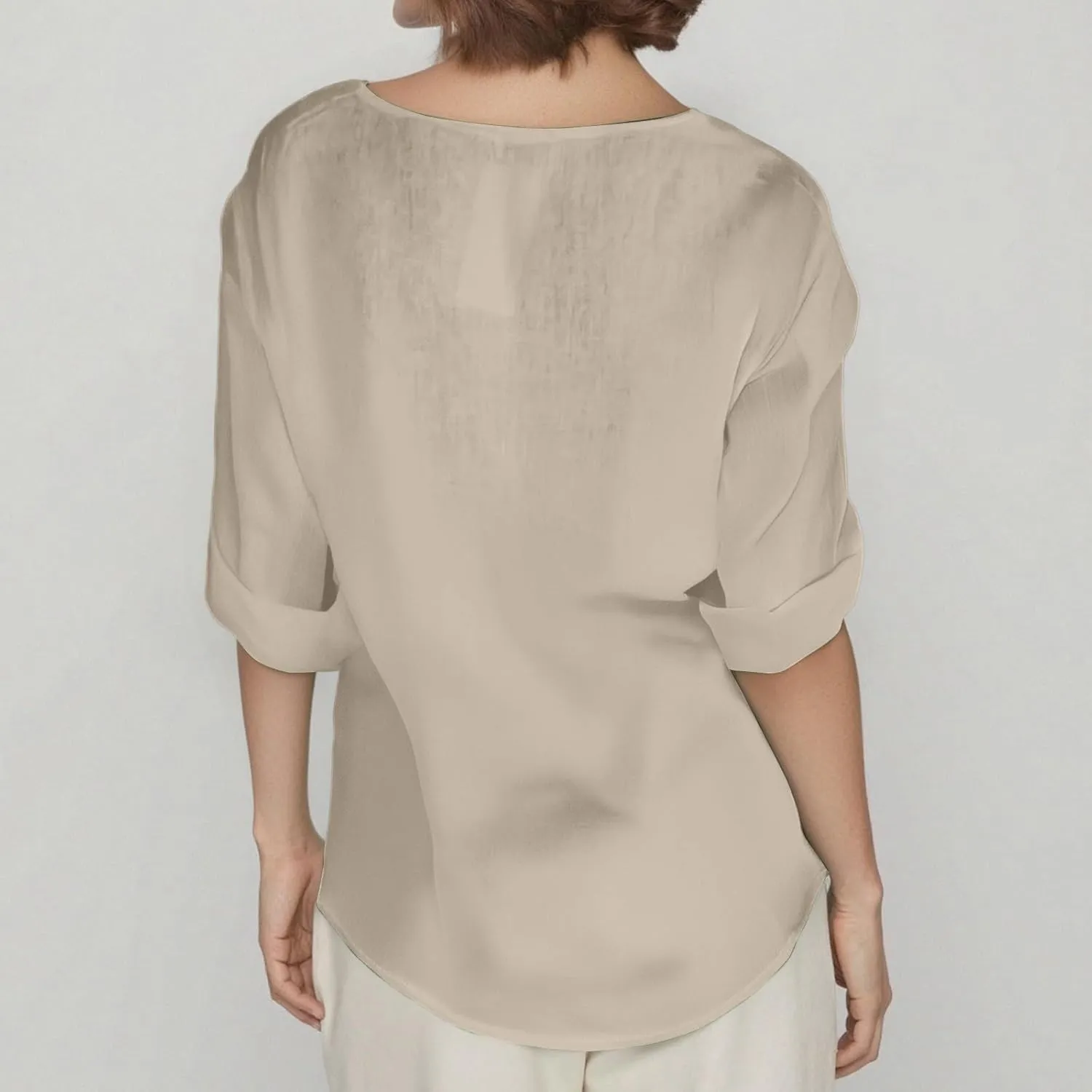 Linen Shirts for Women Summer V Neck 3/4 Length Sleeve Tops Dressy Casual Loose Blouses Vacation Beach Tunic