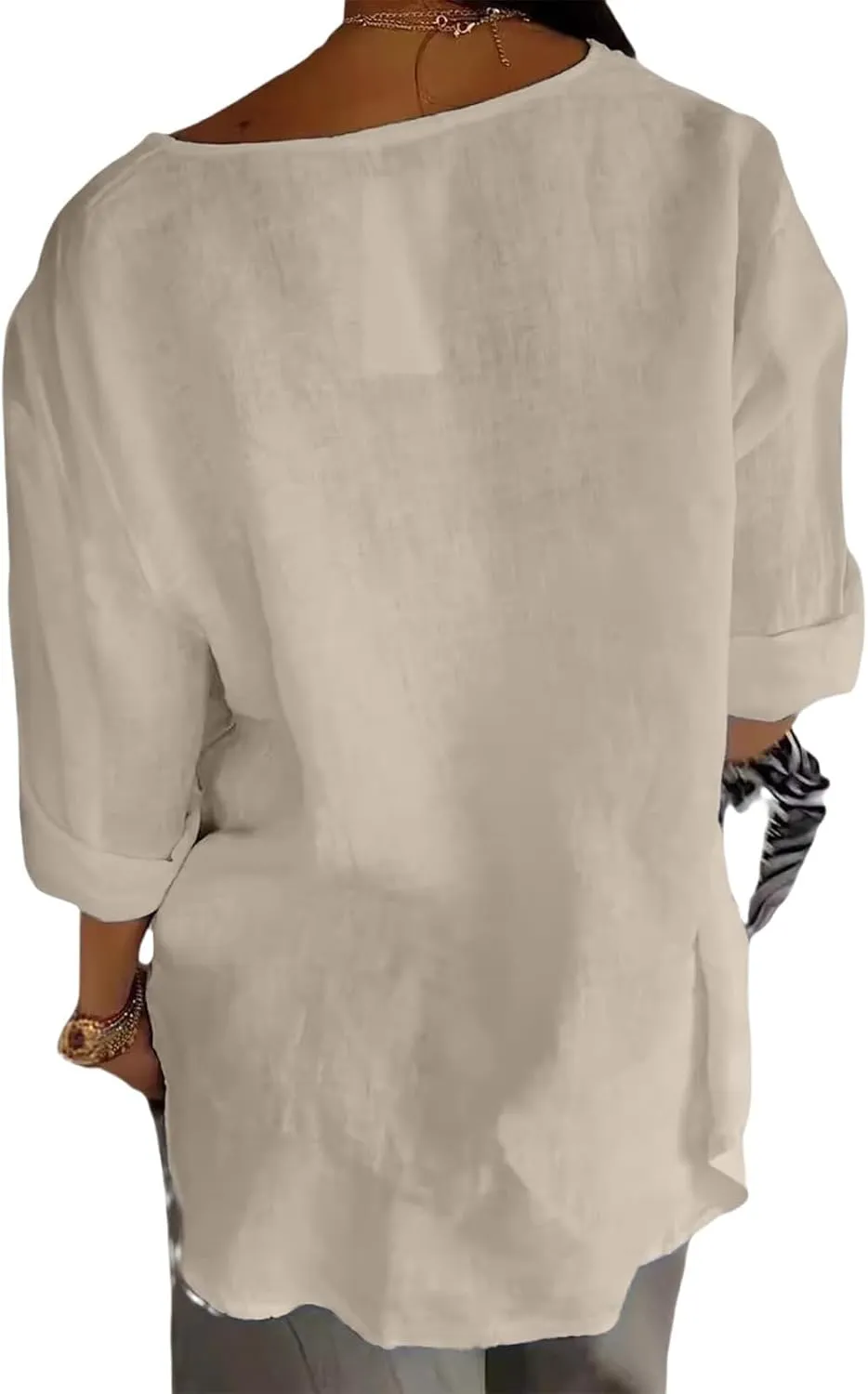 Linen Shirts for Women Summer V Neck 3/4 Length Sleeve Tops Dressy Casual Loose Blouses Vacation Beach Tunic