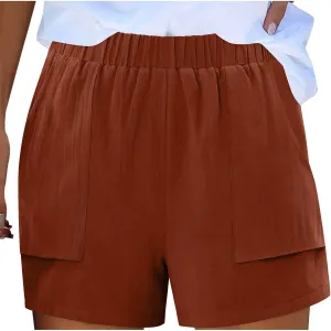 Linen Shorts for Women Summer Casual High Waisted Trousers Lightweight Drawstring Beach Loose Shorts with Pockets