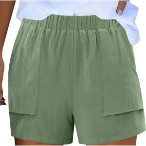 Linen Shorts for Women Summer Casual High Waisted Trousers Lightweight Drawstring Beach Loose Shorts with Pockets