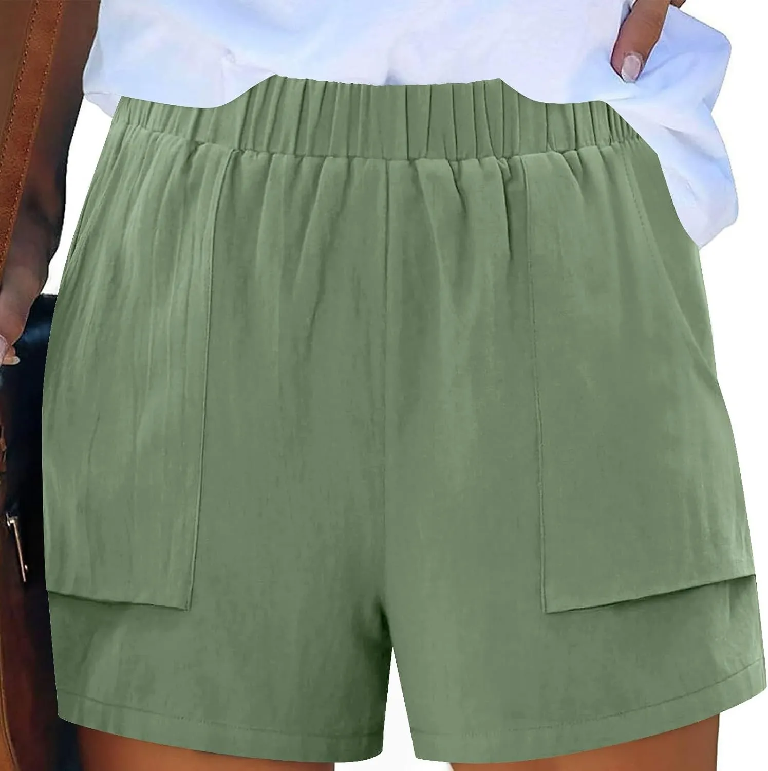 Linen Shorts for Women Summer Casual High Waisted Trousers Lightweight Drawstring Beach Loose Shorts with Pockets