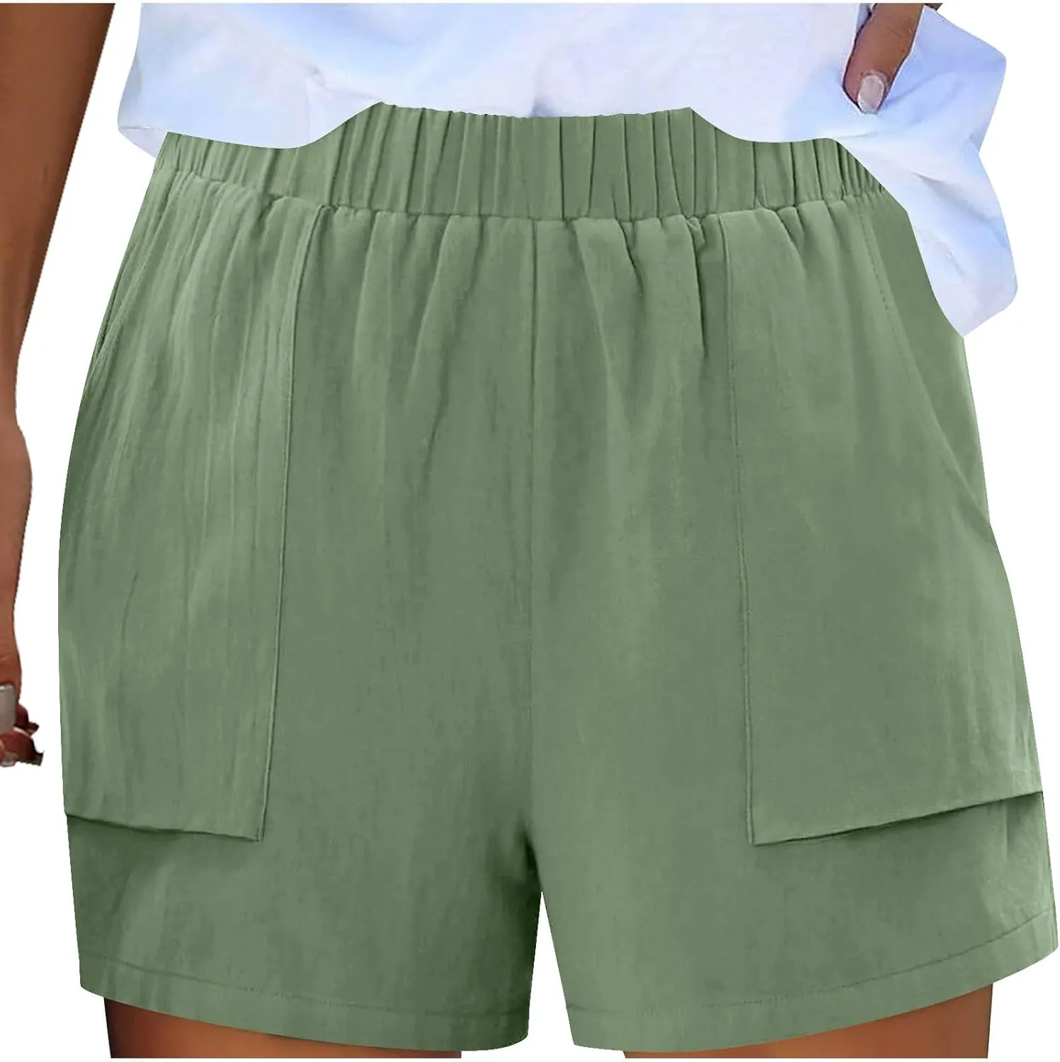 Linen Shorts for Women Summer Casual High Waisted Trousers Lightweight Drawstring Beach Loose Shorts with Pockets