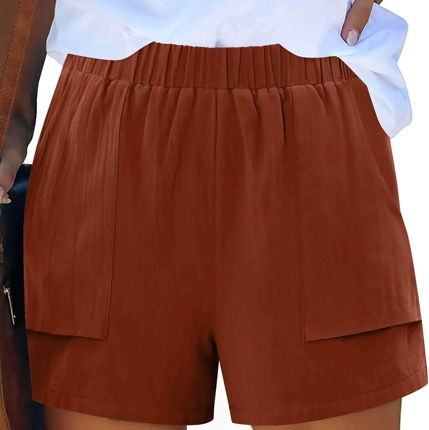 Linen Shorts for Women Summer Casual High Waisted Trousers Lightweight Drawstring Beach Loose Shorts with Pockets