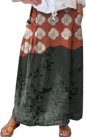 Linen Skirts for Women Boho Maxi A Line Skirt Floral Print Elastic High Waist Long Skirts 2025 Summer Beach Vaction Fashion
