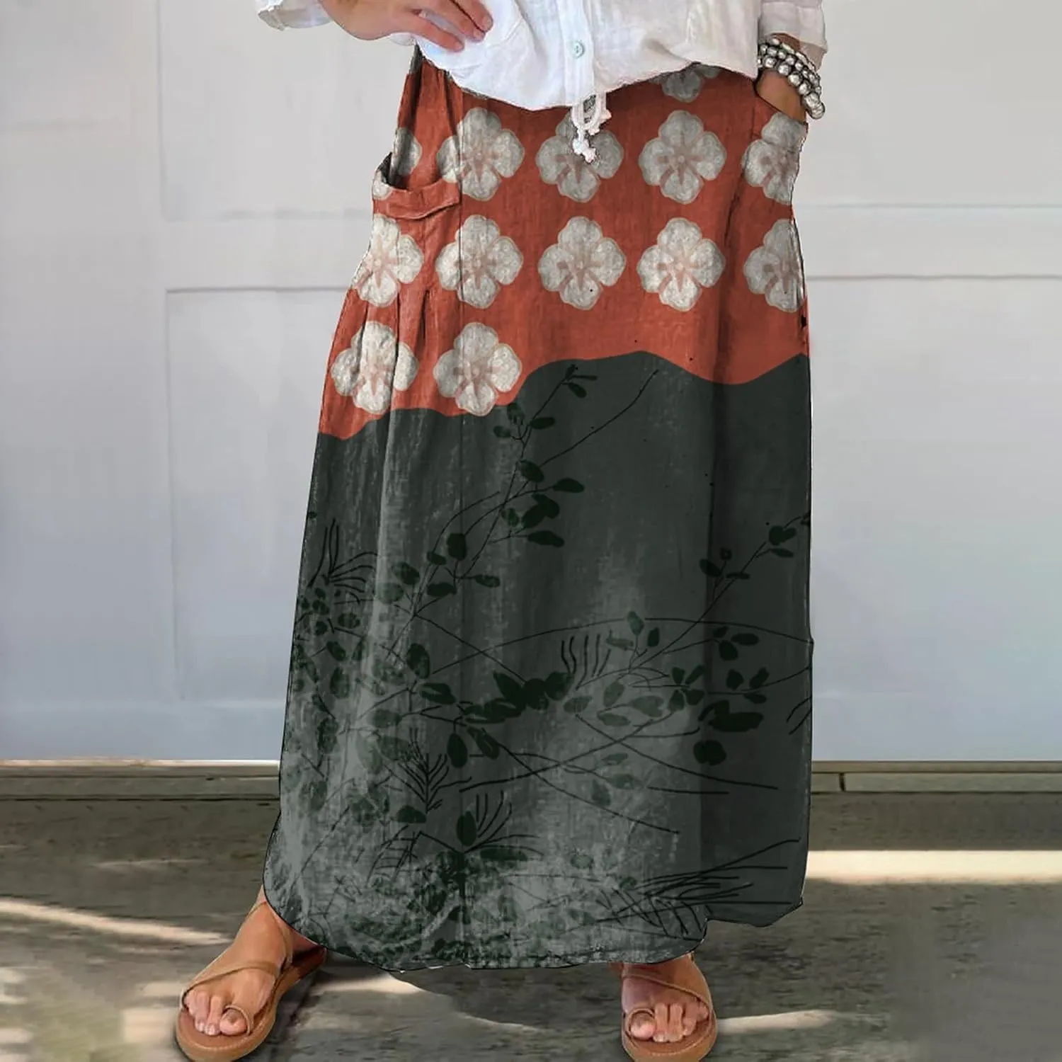 Linen Skirts for Women Boho Maxi A Line Skirt Floral Print Elastic High Waist Long Skirts 2025 Summer Beach Vaction Fashion