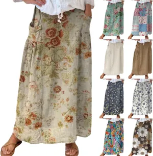 Linen Skirts for Women Boho Maxi A Line Skirt Floral Print Elastic High Waist Long Skirts 2025 Summer Beach Vaction Fashion