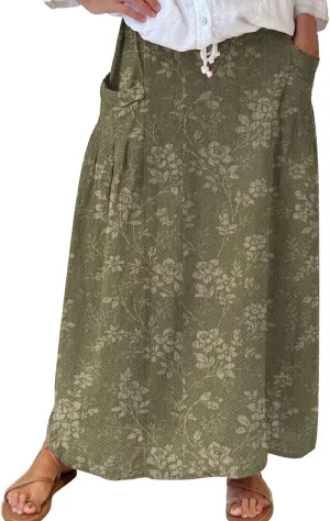 Linen Skirts for Women Boho Maxi A Line Skirt Floral Print Elastic High Waist Long Skirts 2025 Summer Beach Vaction Fashion