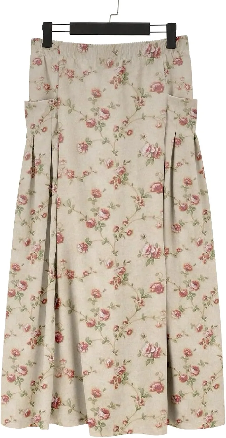 Linen Skirts for Women Boho Maxi A Line Skirt Floral Print Elastic High Waist Long Skirts 2025 Summer Beach Vaction Fashion