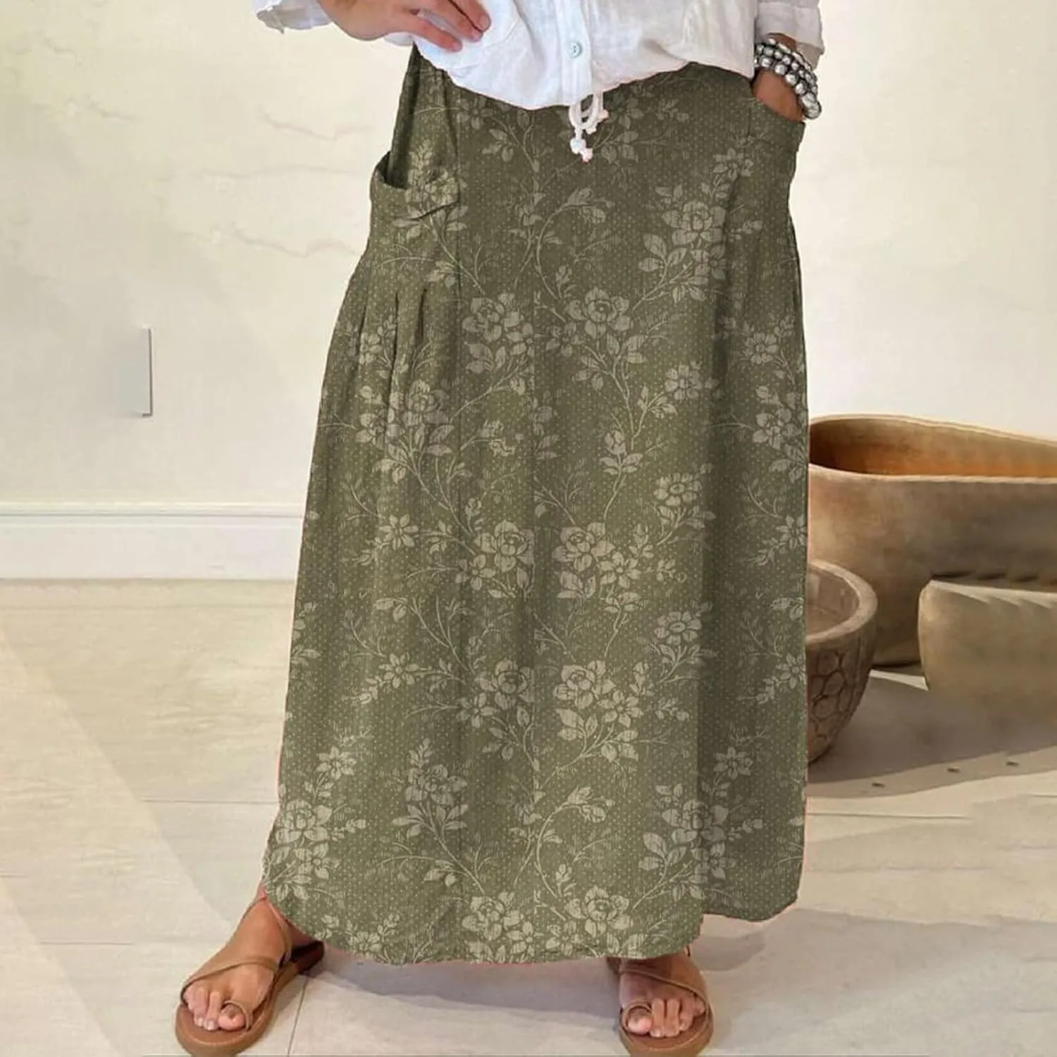 Linen Skirts for Women Boho Maxi A Line Skirt Floral Print Elastic High Waist Long Skirts 2025 Summer Beach Vaction Fashion