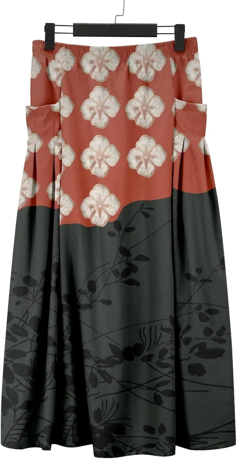 Linen Skirts for Women Boho Maxi A Line Skirt Floral Print Elastic High Waist Long Skirts 2025 Summer Beach Vaction Fashion