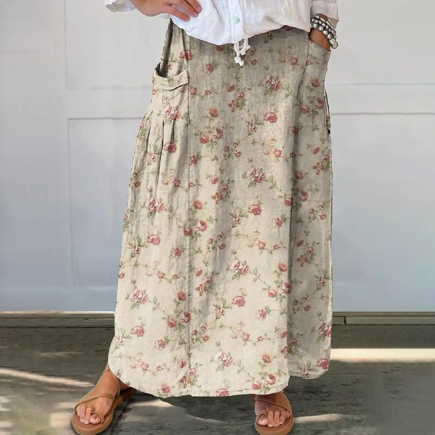 Linen Skirts for Women Boho Maxi A Line Skirt Floral Print Elastic High Waist Long Skirts 2025 Summer Beach Vaction Fashion