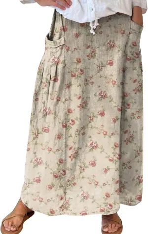 Linen Skirts for Women Boho Maxi A Line Skirt Floral Print Elastic High Waist Long Skirts 2025 Summer Beach Vaction Fashion