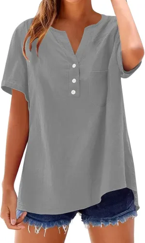 Linen Tops for Women 2025 Summer Trendy Short Sleeve Tshirts Workout Button Down Plus Size Cotton Linen Shirt