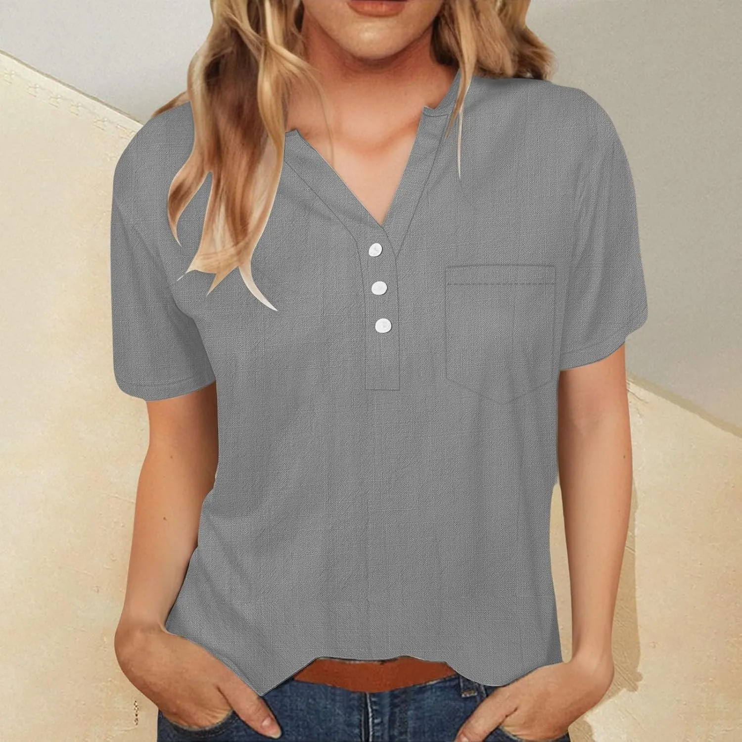 Linen Tops for Women 2025 Summer Trendy Short Sleeve Tshirts Workout Button Down Plus Size Cotton Linen Shirt