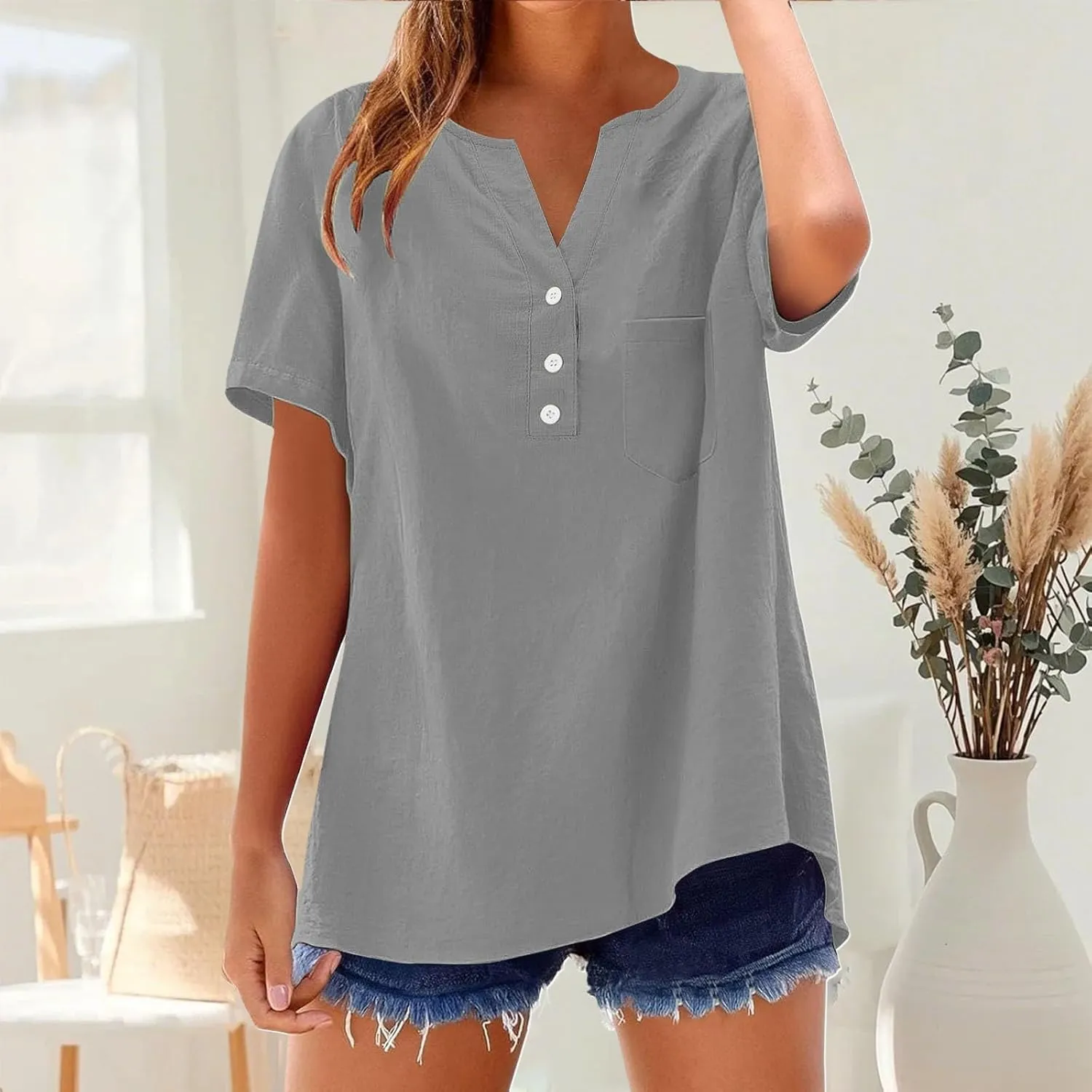 Linen Tops for Women 2025 Summer Trendy Short Sleeve Tshirts Workout Button Down Plus Size Cotton Linen Shirt