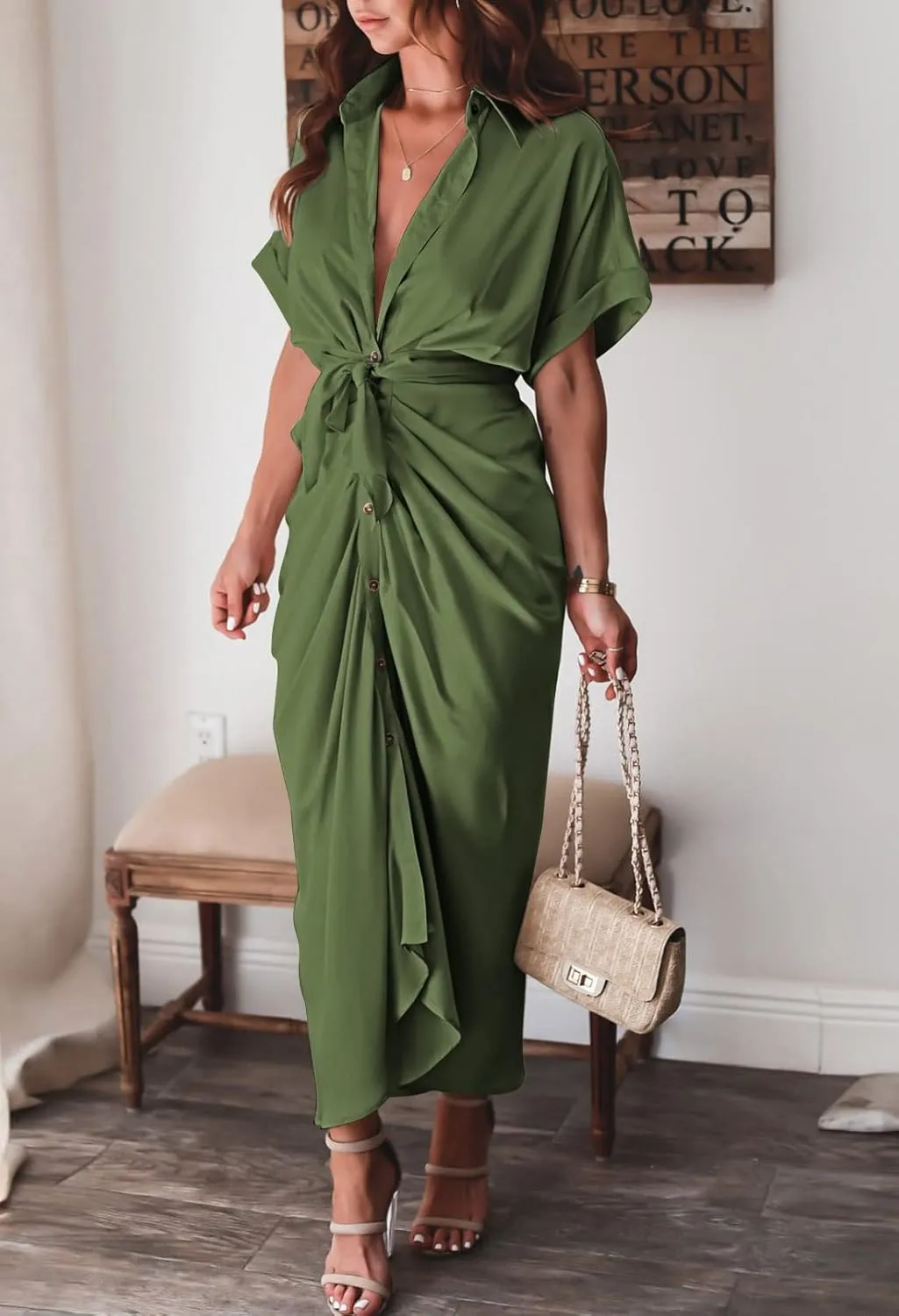 Linsery Womens Button Down Ruched Shirt Dresses Elegant Wrap Maxi Dress with Belt