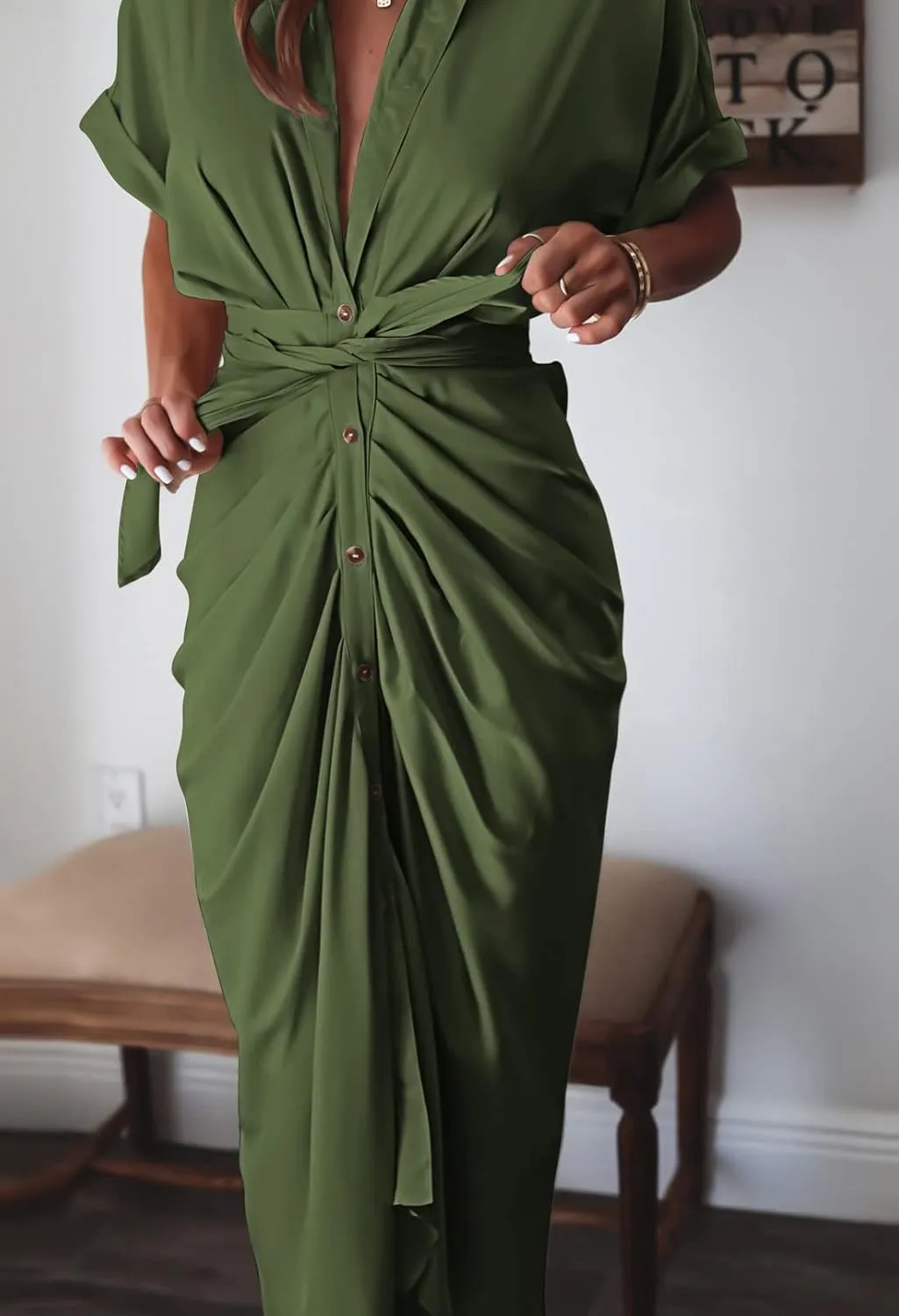 Linsery Womens Button Down Ruched Shirt Dresses Elegant Wrap Maxi Dress with Belt