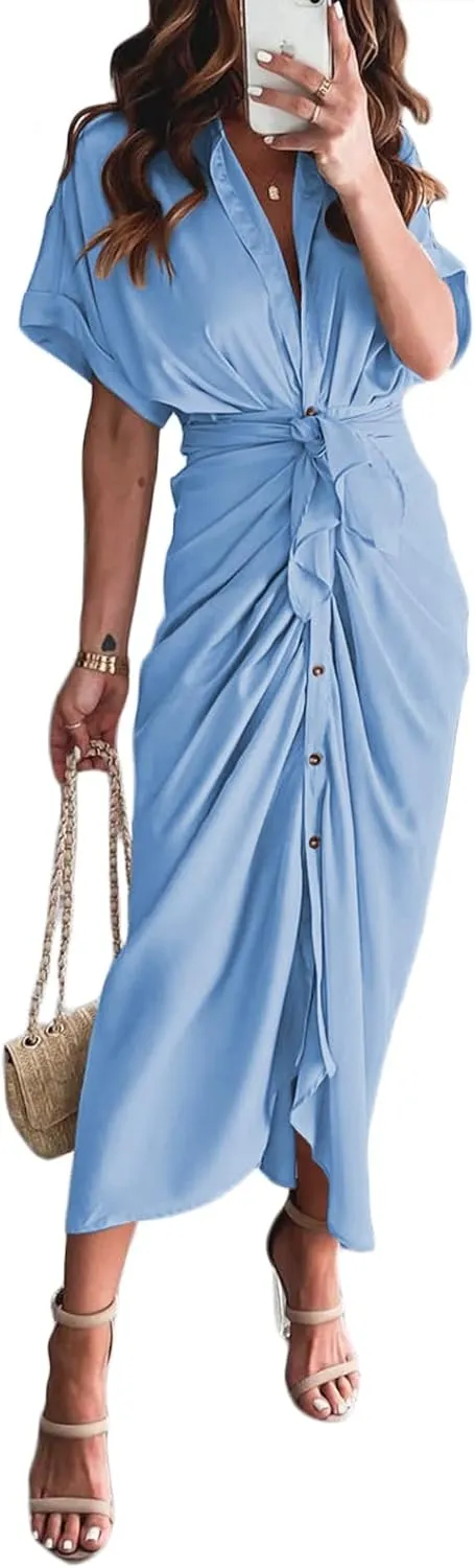 Linsery Womens Button Down Ruched Shirt Dresses Elegant Wrap Maxi Dress with Belt