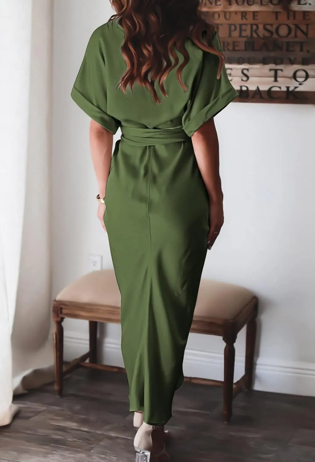 Linsery Womens Button Down Ruched Shirt Dresses Elegant Wrap Maxi Dress with Belt