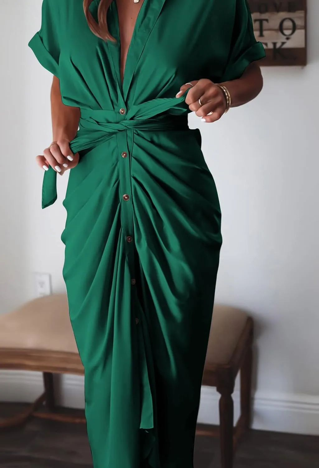 Linsery Womens Button Down Ruched Shirt Dresses Elegant Wrap Maxi Dress with Belt