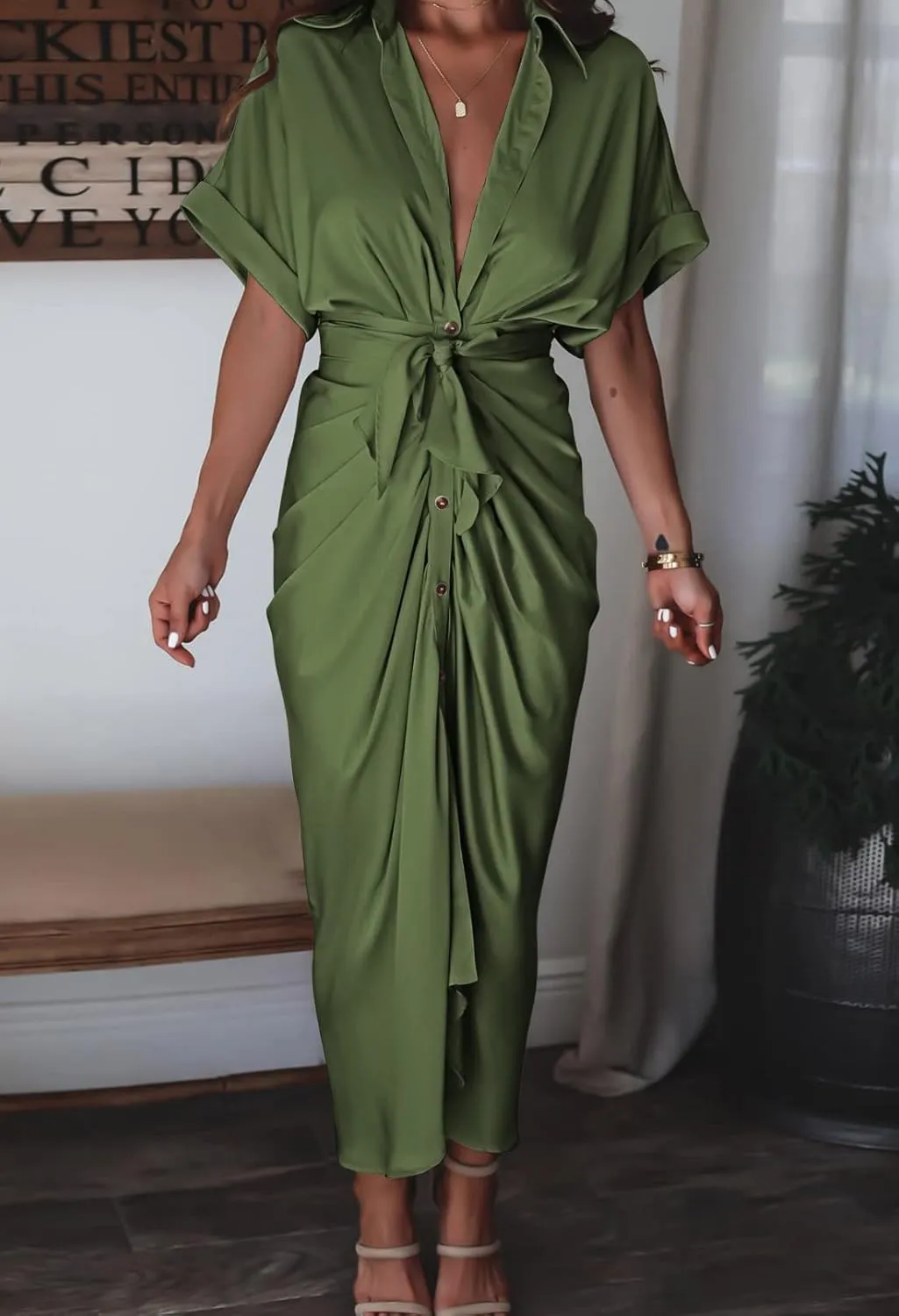 Linsery Womens Button Down Ruched Shirt Dresses Elegant Wrap Maxi Dress with Belt