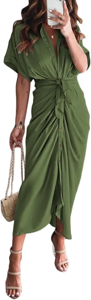 Linsery Womens Button Down Ruched Shirt Dresses Elegant Wrap Maxi Dress with Belt