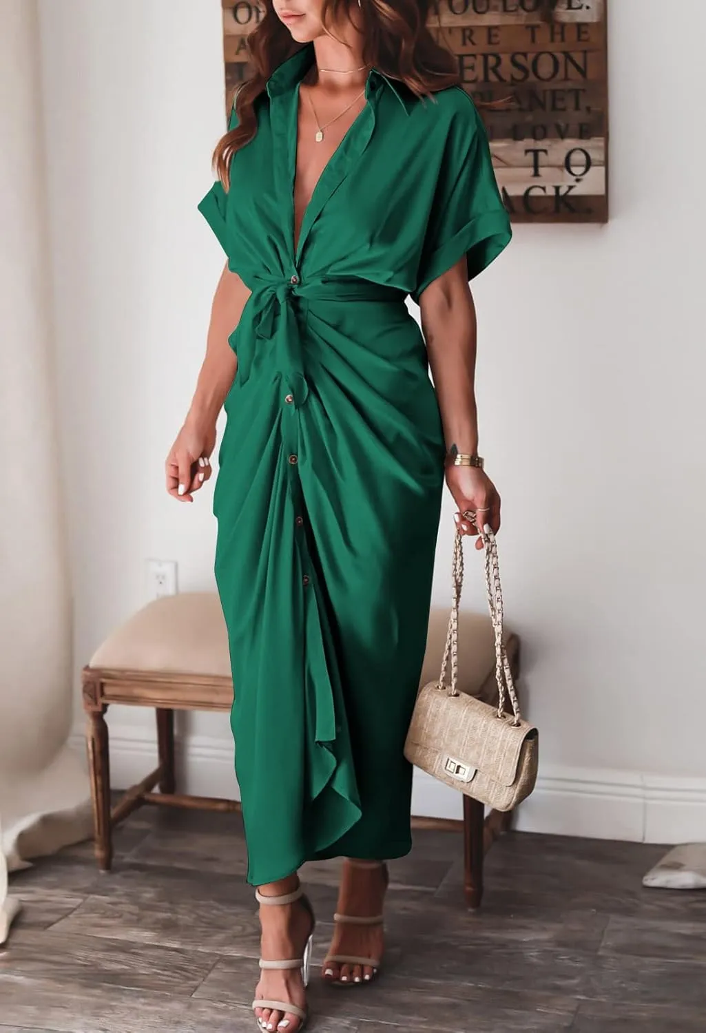 Linsery Womens Button Down Ruched Shirt Dresses Elegant Wrap Maxi Dress with Belt