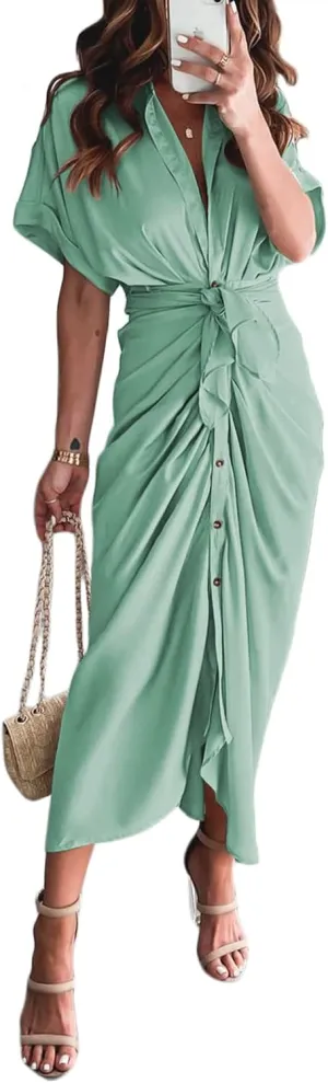 Linsery Womens Button Down Ruched Shirt Dresses Elegant Wrap Maxi Dress with Belt