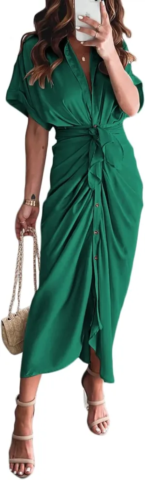 Linsery Womens Button Down Ruched Shirt Dresses Elegant Wrap Maxi Dress with Belt