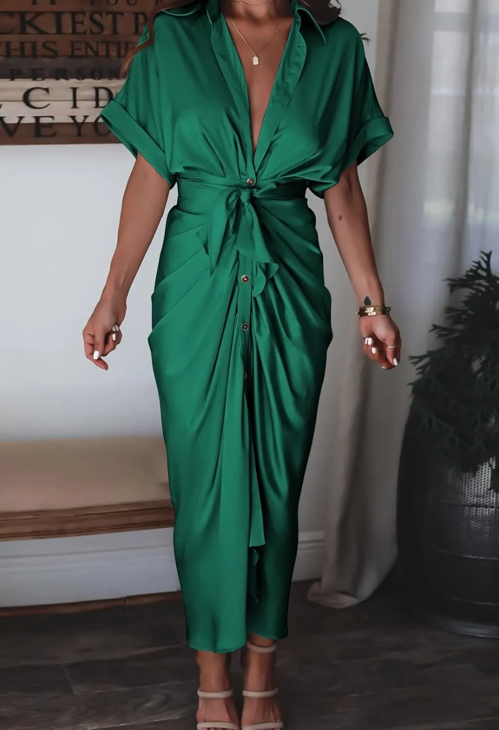 Linsery Womens Button Down Ruched Shirt Dresses Elegant Wrap Maxi Dress with Belt