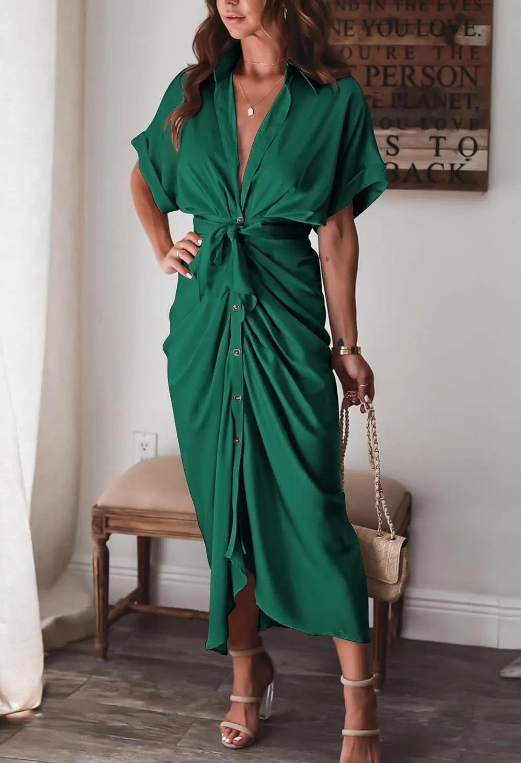 Linsery Womens Button Down Ruched Shirt Dresses Elegant Wrap Maxi Dress with Belt