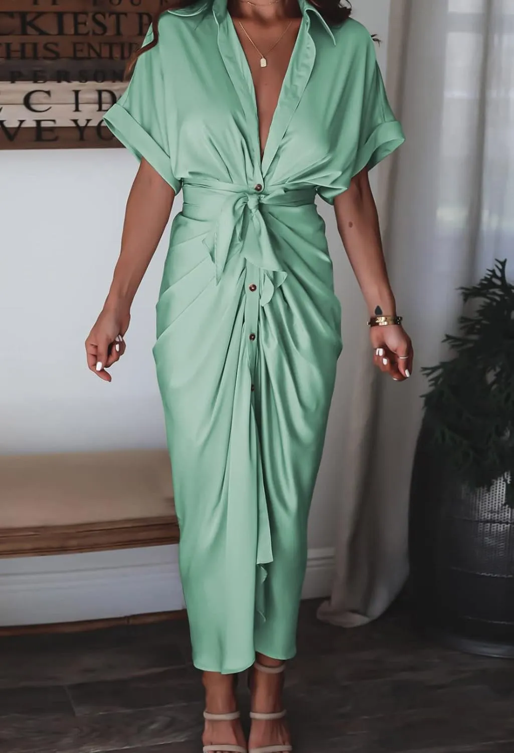 Linsery Womens Button Down Ruched Shirt Dresses Elegant Wrap Maxi Dress with Belt
