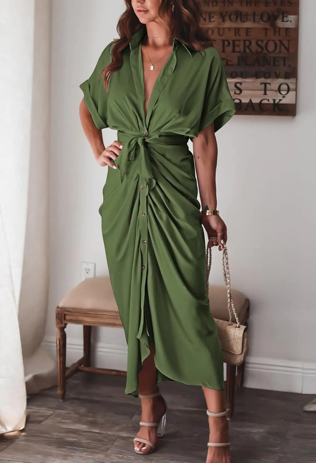 Linsery Womens Button Down Ruched Shirt Dresses Elegant Wrap Maxi Dress with Belt