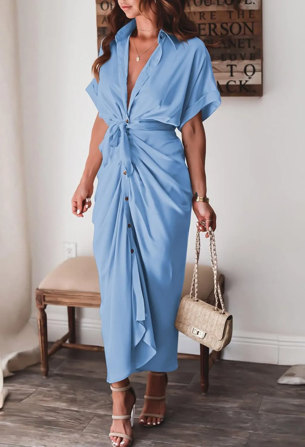 Linsery Womens Button Down Ruched Shirt Dresses Elegant Wrap Maxi Dress with Belt