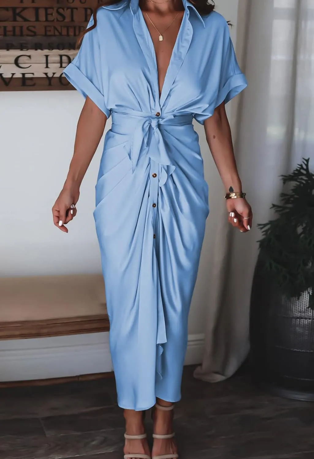 Linsery Womens Button Down Ruched Shirt Dresses Elegant Wrap Maxi Dress with Belt