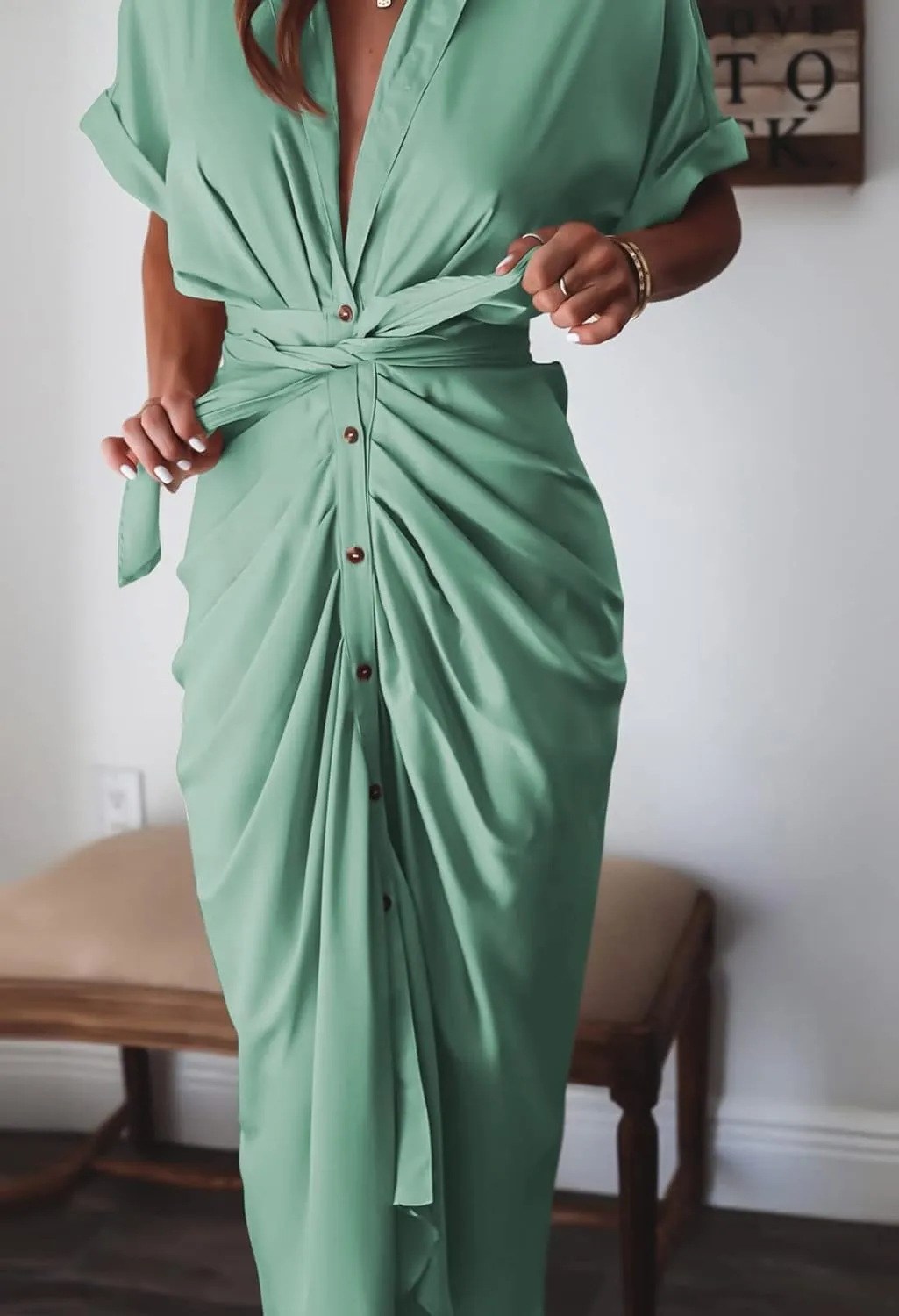 Linsery Womens Button Down Ruched Shirt Dresses Elegant Wrap Maxi Dress with Belt